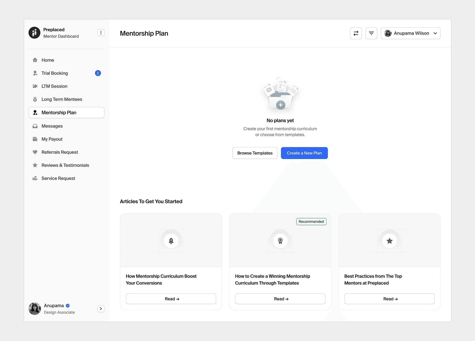 Empty state with Browse Templates and Create a New Plan