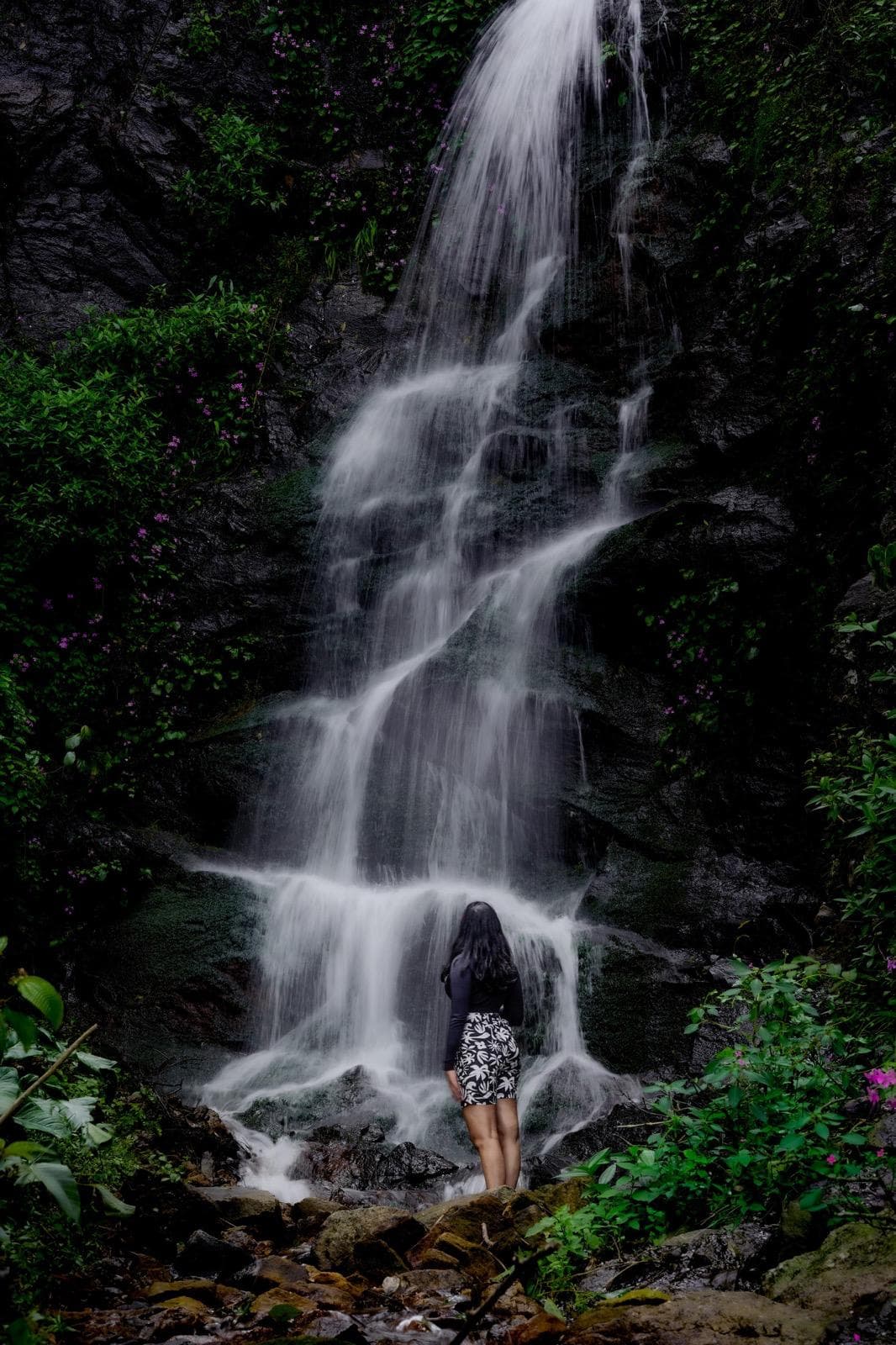 Standing before a tall waterfall in a lush ravine